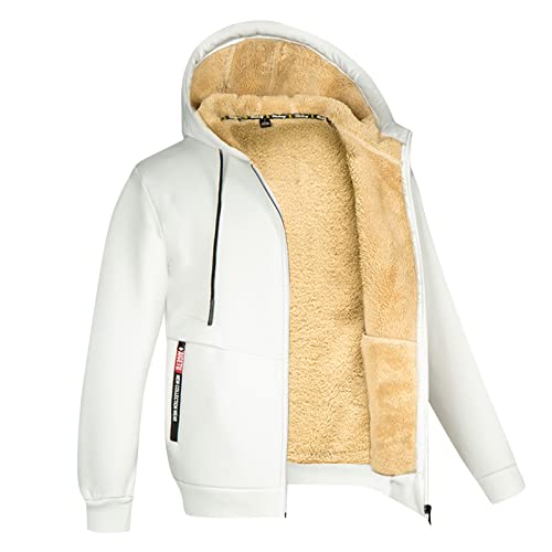 BOTCAM Herren-Mantel, übergroßer, Warmer, mit Fleece gefütterter Kordelzug-Hoodie, einfarbiger, Dicker Winter-Pullover mit Reißverschluss Trainingsanzug Herren Rot (White, XXL) von BOTCAM