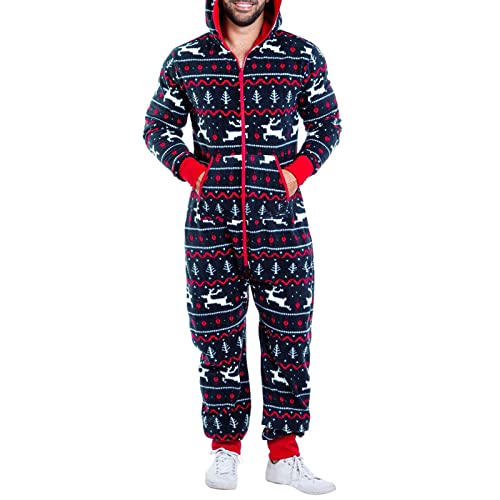 BOTCAM Herren Pyjama Weihnachten Kapuzen PocketDailyCasual Overall Nachtwäsche Jumpsuit Herren Hochzeitsgast (Navy, M) von BOTCAM