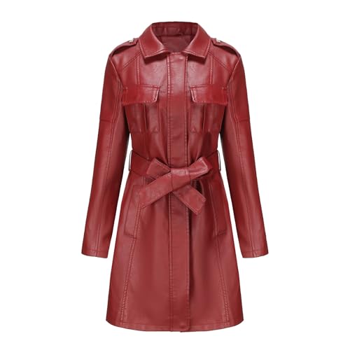 BOTCAM Mittellanger Ledermantel für Damen mit Gürtel, langärmeliger -Trenchcoat, modischer Mantel Candy Tasche (Red, L) von BOTCAM