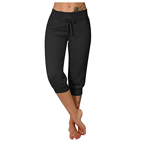 Caprihose Damen Sommer Stretch - Sporthose 3/4 Mit Taschen Baumwolle Radlerhose Blickdicht Laufhose Damen Capri Sommerhose Elastischer Bund Trainingshose Loose Fit 7/8 Hosen Mädchen von BOTCAM