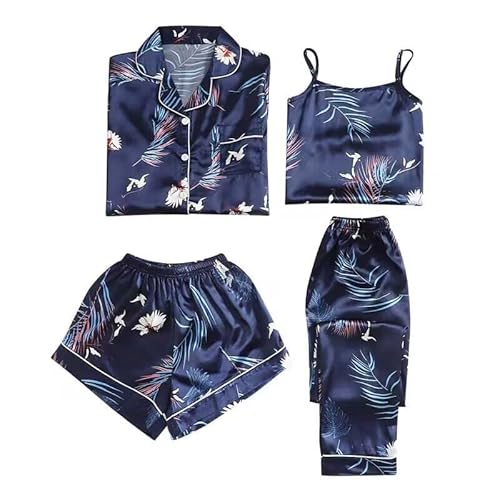 Damen Home Suit Flamingo Print Fashion Slim Pyjama Vierteiliges Set für alle Jahreszeiten Pyjama Spitze Damen (Blue, L) von BOTCAM