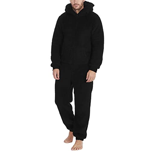 Männer Kunstwolle Langarm Pyjama Lässig Einfarbig Reißverschluss Lose Mit Kapuze Overall Pyjama Lässig Winter Warm Rompe 1 Stück Anzug Fleece Auf Nachtwäsche Jumpsuit Sommer Kinder (Black, XXXXXL) von BOTCAM