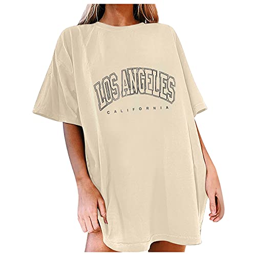 T-Shirt Damen Oversize Los Angeles Langarmshirt Damen Basic Oversized T Shirt Frauen Retro Y2k Rundhals Kurzarm Lose Lässig Longbluse Damen GroßE GrößEn Tshirt Longshirt Elegante Oberteile Tops von BOTCAM