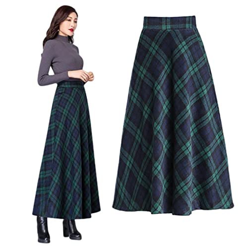 Frauen Tartan Langer Rock Winter Vintage Wollplaid A-Line Maxirock Elastizität Taille Eleganter Schwung Rock Warmer Dicker Dicker Taillenfalten, ausgestattetes, ausgestattetes Rock,Grün,XXL von BOTOWI