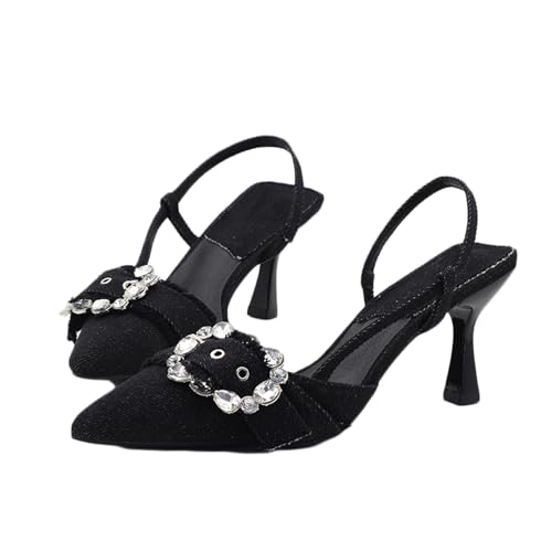 BOTRENT Damen-Pumps mit Strasssteinen, Denim, Kätzchen-Absätze, modisch, geschlossen, spitzer Zehenbereich, Slipper, Slingback, niedriger Absatz, Kleid, Sandalen für Hochzeit, Party, Abend, Schwarz, von BOTRENT