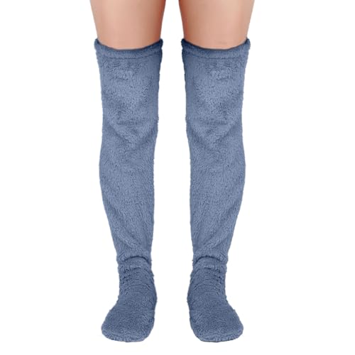 Überkniehohe Flauschige Socken, Oberschenkelhohe Flauschige Socken Lange Snuggs Socken Beinstulpen Winter Plüsch Slipper Socken Schlafsocken für Zuhause Winter (Blau) von BOXOB