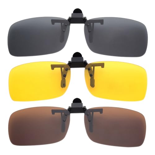 BOZEVON Herren Frauen Clip Sonnenbrille Polarisiert - UV400 Sonnenbrillen Nachtfahr Brille Aufsatz Clip On 3er-Set, Grau & Gelb & Braun - S von BOZEVON