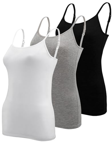 BQTQ 3 Stück Unterhemd Damen Basic Tank Top Ärmelloses Camisole Spaghettiträger Top mit Verstellbarer Strap für Damen und Mädchen (Schwarz, Weiß, Grau, M) von BQTQ