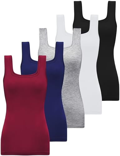 BQTQ 5 Pcs Tank Top Stretch Damen Unterhemden Basic Top Elastische Unterhemd mit Quadratischem Ausschnitt Unterhemden Ärmellos für Frauen Mädchen (Schwarz, Weiß, Grau, Dunkelrot, Marine, L) von BQTQ