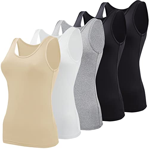 BQTQ 5 Stück Elastische Tank Tops Damen Unterhemden Stretch Crop Top Basic Cami Tank Top für Frauen und Mädchen, Schwarz, Weiß, Grau, Beige, L von BQTQ