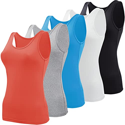 BQTQ 5 Stück Elastische Tank Tops Damen Unterhemden Stretch Crop Top Basic Cami Tank Top für Frauen und Mädchen, Schwarz, Weiß, Grau, Deepskyblue, Lachs, M von BQTQ