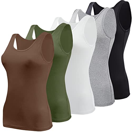 BQTQ 5 Stück Elastische Tank Tops Damen Unterhemden Stretch Crop Top Basic Cami Tank Top für Frauen und Mädchen, Schwarz, Weiß, Grau, Kaffee, Armeegrün, L von BQTQ