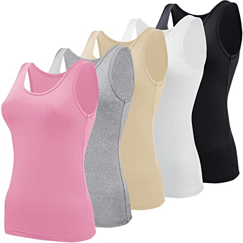 BQTQ 5 Stück Elastische Tank Tops Damen Unterhemden Stretch Crop Top Basic Cami Tank Top für Frauen und Mädchen, Schwarz, Weiß, Grau, Rosa, Beige, L von BQTQ