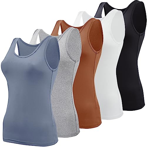 BQTQ 5 Stück Elastische Tank Tops Damen Unterhemden Stretch Crop Top Basic Cami Tank Top für Frauen und Mädchen, Schwarz, Weiß, Grau, Stahlblau, Sienna, XL von BQTQ