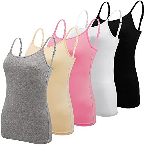 BQTQ 5 Stück Spaghetti Top Damen Unterhemd Spaghettiträger Tank Top mit Verstellbarer Strap Basic Cami Tank Top für Frauen und Mädchen, Schwarz, Weiß, Grau, Rosa, Beige, S von BQTQ