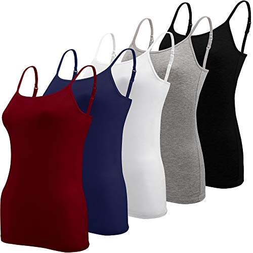 BQTQ 5 Stück Spaghetti Top Damen Unterhemd Spaghettiträger Tank Top mit Verstellbarer Strap Basic Cami Tank Top für Frauen und Mädchen, Schwarz, Weiß, Grau, Dunkelrot, Marine, S von BQTQ