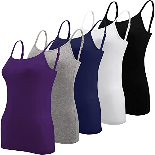 BQTQ 5 Stück Unterhemd Damen Spaghetti Top Spaghettiträger Tank Top mit Verstellbarer Strap Basic Cami Tank Top für Frauen und Mädchen Lila, Schwarz, Grau, Marine, Weiß, XXL von BQTQ