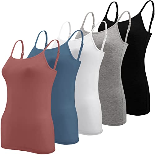 BQTQ 5 Stück Unterhemd Damen Spaghetti Top Spaghettiträger Tank Top mit Verstellbarer Strap Basic Cami Tank Top für Frauen und Mädchen, Schwarz, Weiß, Grau, Azurblau, Indischrot, M von BQTQ