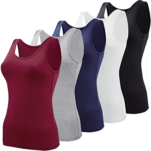 BQTQ 5 Stück Tank Tops für Damen Unterhemden Stretch Crop Top Basic Cami Tank Top für Frauen und Mädchen, Schwarz, Weiß, Grau, Dunkelrot, Marineblau, L von BQTQ