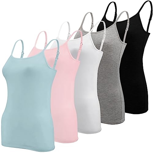 BQTQ 5 Stück Unterhemd Damen Spaghetti Top Spaghettiträger Tank Top mit Verstellbarer Strap Basic Cami Tank Top für Frauen und Mädchen, Schwarz, Weiß, Grau, Himmelblau, Hellrosa, L von BQTQ