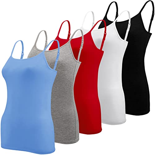 BQTQ 5 Stück Unterhemd Damen Spaghetti Top Spaghettiträger Tank Top mit Verstellbarer Strap Basic Cami Tank Top für Frauen und Mädchen, Schwarz, Weiß, Grau, Himmelblau, Rot, L von BQTQ