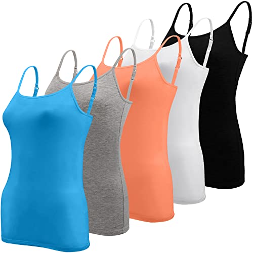 BQTQ 5 Stück Unterhemd Damen Spaghetti Top Spaghettiträger Tank Top mit Verstellbarer Strap Basic Cami Tank Top für Frauen und Mädchen, Schwarz, Weiß, Grau, Türkis, Lachs, L von BQTQ