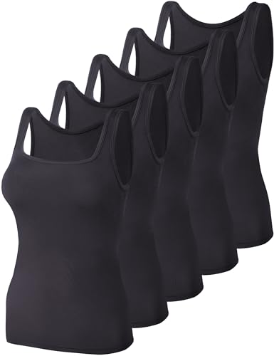 BQTQ 5 Stück Unterhemd Damen Tank Top mit Quadratischem Ausschnitt, Elastische Tank Tops Camisole Crop Top Stretch Untershirt Ärmellos, Schwarz, M von BQTQ