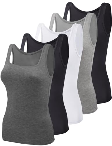 BQTQ 5 Stück Unterhemd Damen Tank Top mit Quadratischem Ausschnitt, Elastische Tank Tops Camisole Crop Top Stretch Untershirt Ärmellos, Schwarz, Weiß, Grau, Dunkelgrau, M von BQTQ