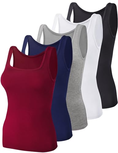 BQTQ 5 Stück Unterhemd Damen Tank Top mit Quadratischem Ausschnitt, Elastische Tank Tops Camisole Crop Top Stretch Untershirt Ärmellos, Schwarz, Weiß, Grau, Dunkelrot, Marineblau, S von BQTQ