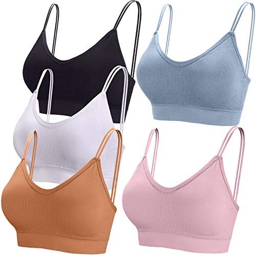 BQTQ 5 Stücke Bralette, V Hals Cami Top BH, Bralette Damen, Schlafen BH, für Frauen, Mädchen (Weiß, Schwarz, Himmelblau, Hellrosa, Gelb, L) von BQTQ