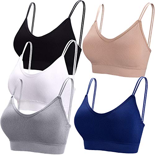 BQTQ 5 Stücke Bralette, V Hals Cami Top BH, Bralette Damen, Schlafen BH, für Frauen, Mädchen (schwarz, weiß, grau, beige, Marineblau, L) von BQTQ