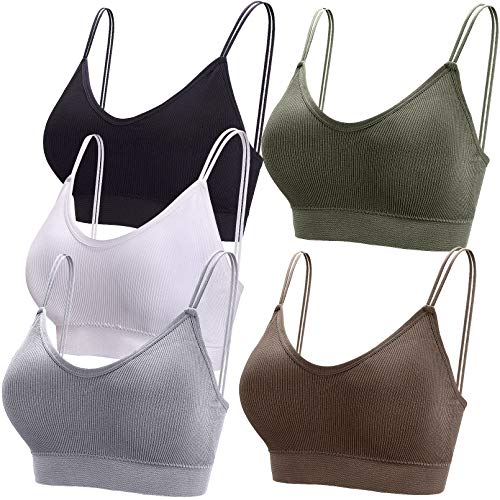 BQTQ 5 Stücke Bralette, V Hals Cami Top BH, Bralette Damen, Schlafen BH, für Frauen, Mädchen(Braun, Weiß, Schwarz, Dunkeloliv, Grau, L) von BQTQ