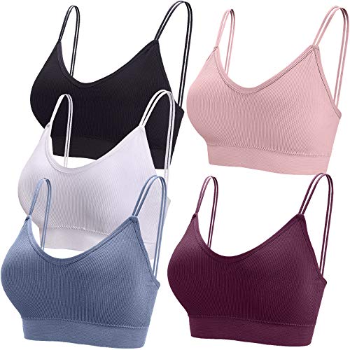 BQTQ 5 Stücke Bralette, V Hals Cami Top BH, Bralette Damen, Schlafen BH, für Frauen, Mädchen(Hellrosa, Weiß, Schwarz, Stahlblau, Lila, M) von BQTQ