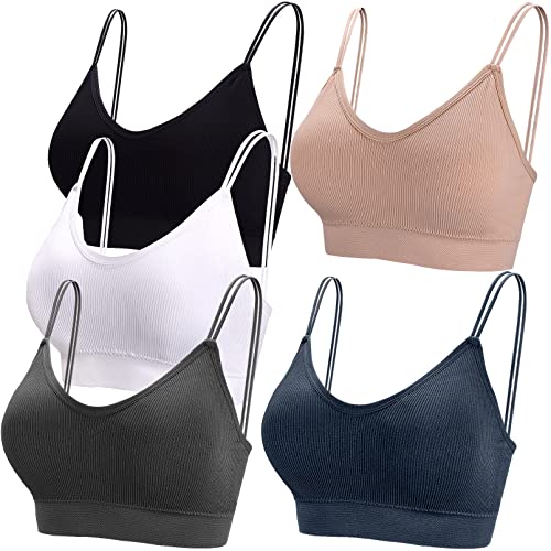 BQTQ 5 Stücke Bralette Damen V Hals Cami Top BH Bralette Schlafen BH für Frauen Mädchen, Schwarz, Beige, Weiß, Indigo, Dunkelgrau, L von BQTQ