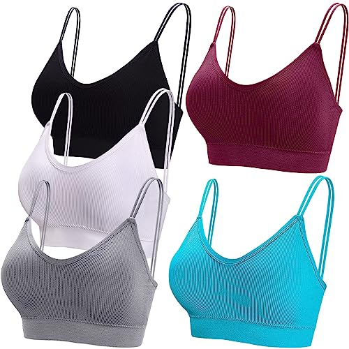 BQTQ 5 Stücke Bralette Damen V Hals Cami Top BH Bralette Schlafen BH für Frauen Mädchen, Schwarz, Grau, Weiß, Türkis, Dunkelrot, L von BQTQ