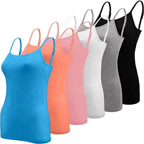 BQTQ 6 Stück Unterhemd Damen Camisole Tank Top Spaghetti Top Spaghettiträger Tank Top mit Verstellbarer Strap Basic Cami Tank Top für Frauen und Mädchen, Schwarz, Weiß, Grau, Türkis, Lachs, Rosa, XL von BQTQ