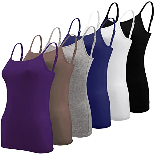 BQTQ 6 Stück Unterhemd Damen Spaghetti Top Spaghettiträger Tank Top mit Verstellbarer Strap Basic Cami Tank Top für Frauen und Mädchen, Lila, Schwarz, Grau, Navy, Weiß, Braun, S von BQTQ