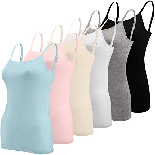 BQTQ 6 Stück Unterhemd Damen Spaghetti Top Spaghettiträger Tank Top mit Verstellbarer Strap Basic Cami Tank Top für Frauen und Mädchen, Schwarz, Weiß, Grau, Himmelblau, Rosa, Beige, XXL von BQTQ