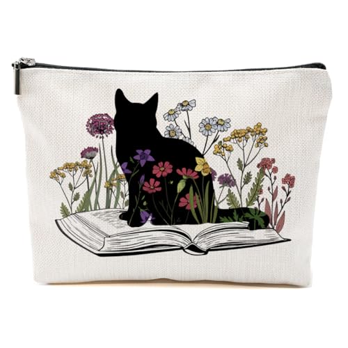 Katzengeschenke für Frauen, Katzenliebhaber, lustige Make-up-Tasche, Katzen-Themen-Geschenke für Frauen, Katzenbesitzer, Buch, Blume, Katze, 9.6*7.1 inch von BQXH