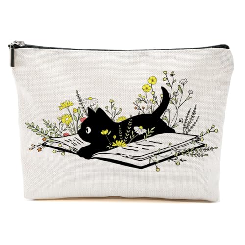 Katzengeschenke für Frauen, Katzenliebhaber, lustige Make-up-Tasche, Katzen-Themen-Geschenke für Frauen, Katzenbesitzer, Katze liest in Blume, 9.6*7.1 inch von BQXH