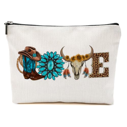 Western Stuff, Country Stuff Western-Make-up-Tasche, christliches Geschenk für Frauen, Leopardenmuster, Kuh-Druck, Kuh Totenkopf Love, 9.6*7.1 inch von BQXH