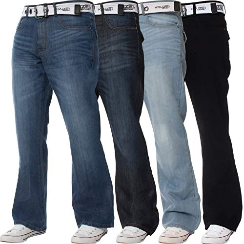 BRAND KRUZE für Herren Schlag Jeans aus 100% Baumwolle mit ausgestelltem weitem Bein, Gürtel, Reißverschluss 30W / 32L Schwarz von BRAND KRUZE
