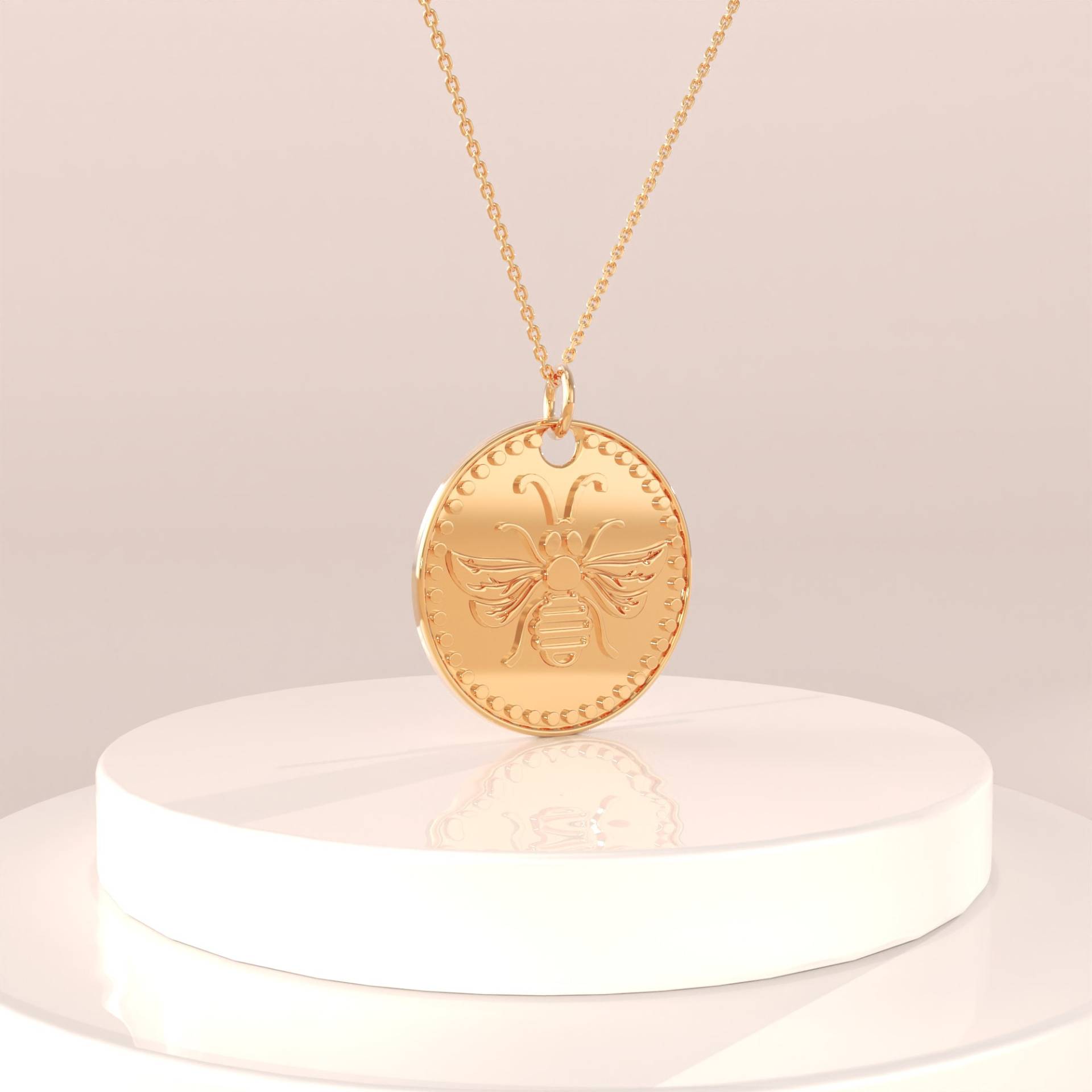 14K Bienenhalskette, Massivgold Minimalist Disc Anhänger Für Frauen, Honigbienen Medaillon Halskette, Zierliche Statement Halsketten, Geschenke von BRENNMORE