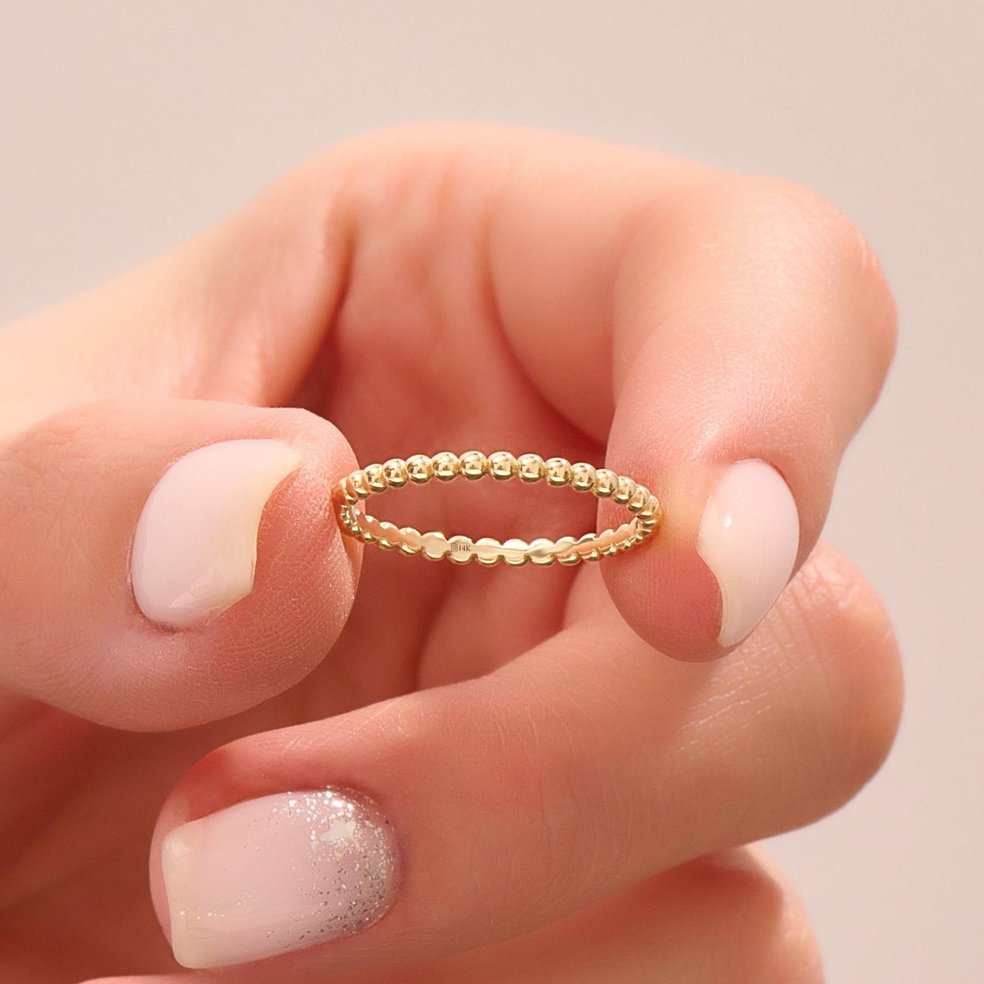 Massiver Gold-Perlenring, 14-Karätiger Kugel-Ewigkeitsring, Dünnes Stapelbares Band Für Frauen, Zierlicher Goldring, Midi-Ringe Aus Echtem Gold von BRENNMORE