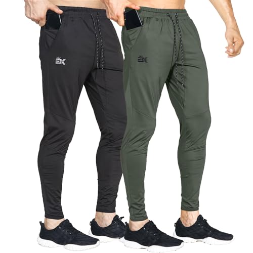 BROKIG 2er Pack Leichte Jogginghose Herren Fitnessstudio Trainingshose Slim Fit Sporthose Lang mit Taschen (Schwarz-Armeegrün,M) von BROKIG