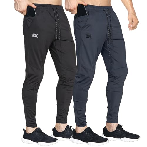 BROKIG 2er Pack Leichte Jogginghose Herren Fitnessstudio Trainingshose Slim Fit Sporthose Lang mit Taschen (Schwarz-Dunkelgrau,XL) von BROKIG