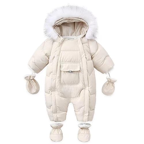 BRONG Baby Jungen Mädchen Winter Schneeanzug Kapuze Jacke Gestiefelt Strampler mit Handschuhen Kleinkind Overall mit abnehmbarem Pelzbesatz Weiß 12-18 Monate von BRONG