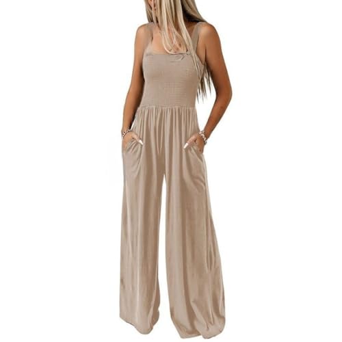 BRONG Latzhosen für Damen Sommer Riemchen Overall Frauen mit Tasche Lose Fit Lässig Latzhose Jumpsuit Lang Hose Strampler Khaki M von BRONG