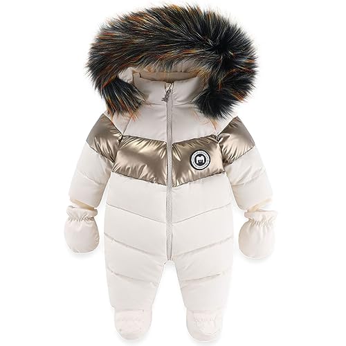 BRONG Winter Baby Jungen Schneeanzug Kapuze Strampelanzug Kleinkind Mädchen Fleece Strampler Füßlinge Oberbekleidung Reißverschluss Mantel Outfits mit Handschuhen Weiß 12-18 Monate von BRONG