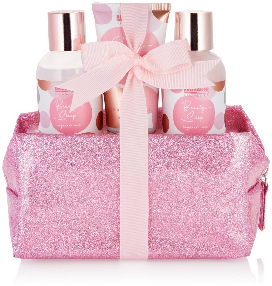 BRUBAKER Hautreinigungs-Set Rosa Dusch- und Badeset "Beauty Sleep", 4-tlg., Frauen Geschenkset im praktischen Kulturbeutel, Beauty Pflegeset mit Rosen Duft für Frauen, Wellness zur Zuhause von BRUBAKER